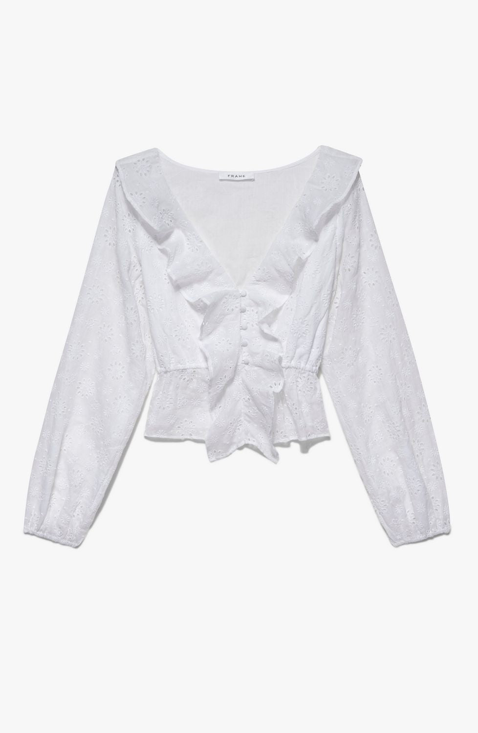 RUFFLE FRONT EYELET LS TOP