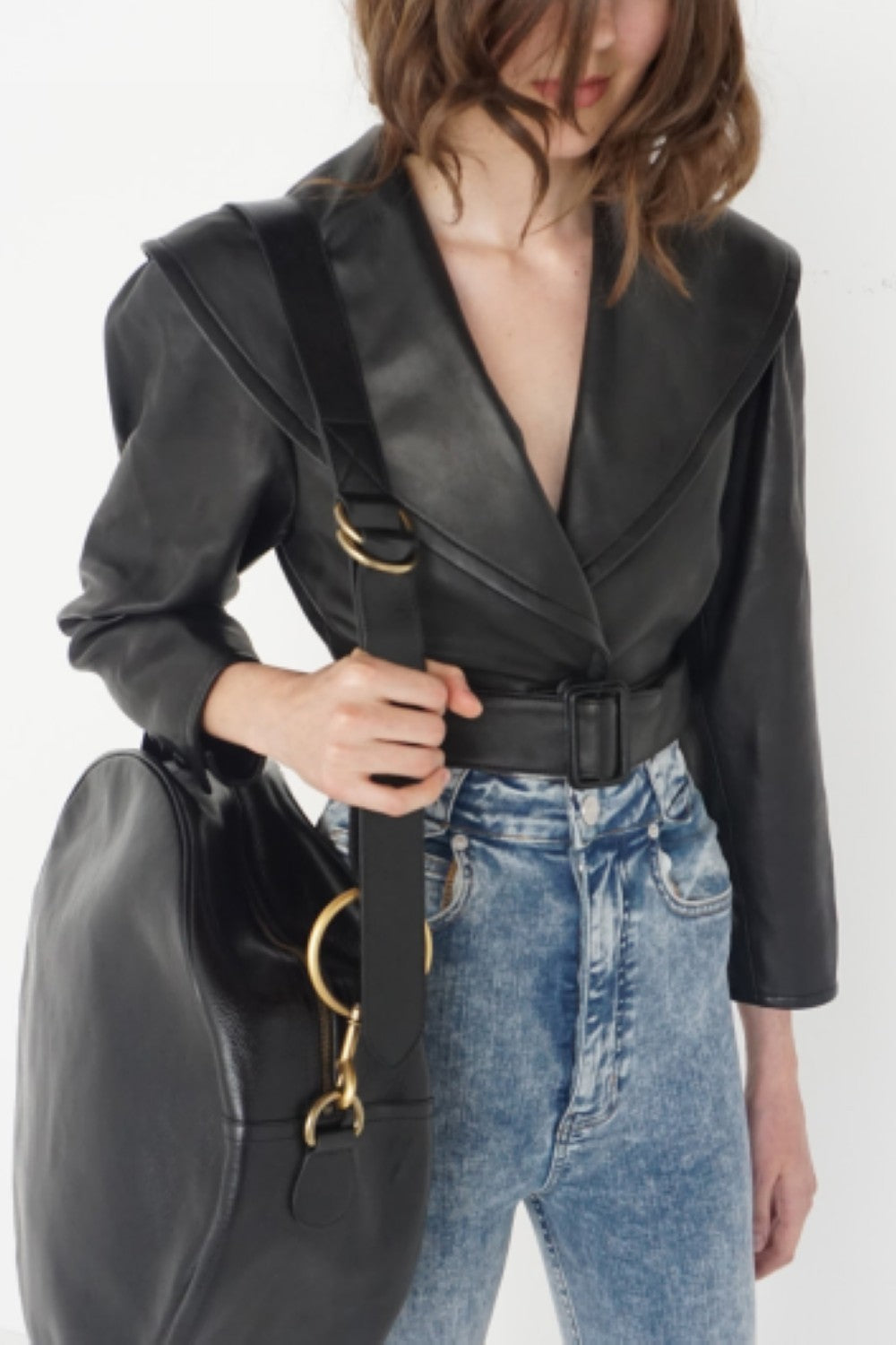 CROPPED BELTED LEATHER JACKET