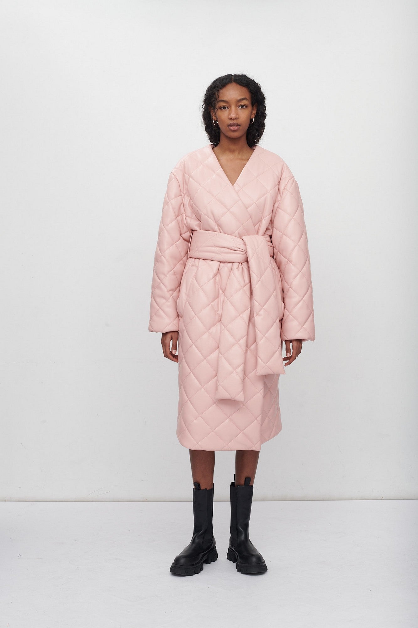KIM FAUX LEATHER QUILTED WRAP COAT WITH BELT