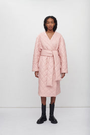 KIM FAUX LEATHER QUILTED WRAP COAT WITH BELT