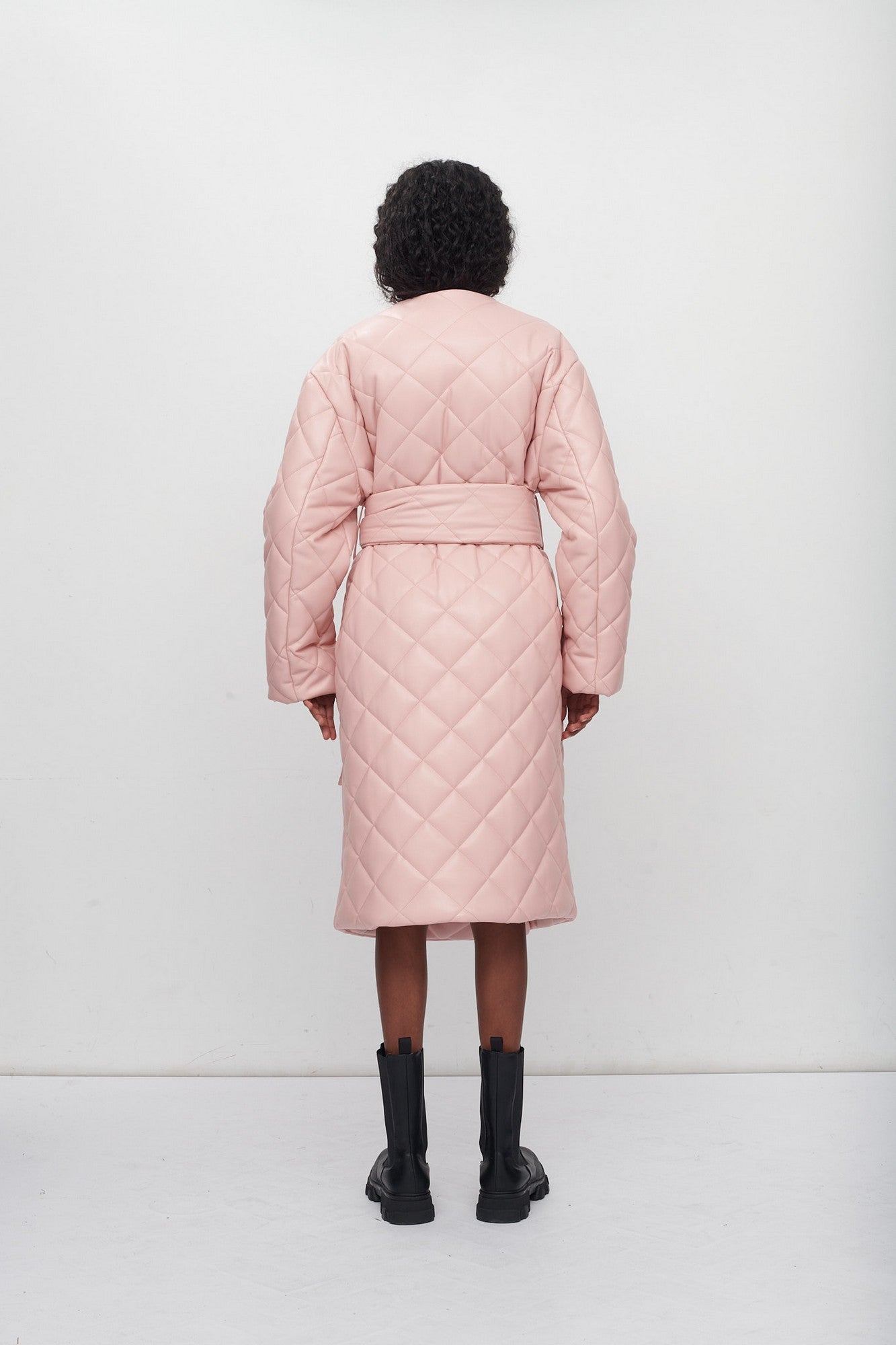 KIM FAUX LEATHER QUILTED WRAP COAT WITH BELT