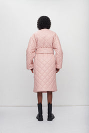 KIM FAUX LEATHER QUILTED WRAP COAT WITH BELT