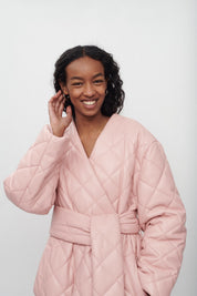 KIM FAUX LEATHER QUILTED WRAP COAT WITH BELT