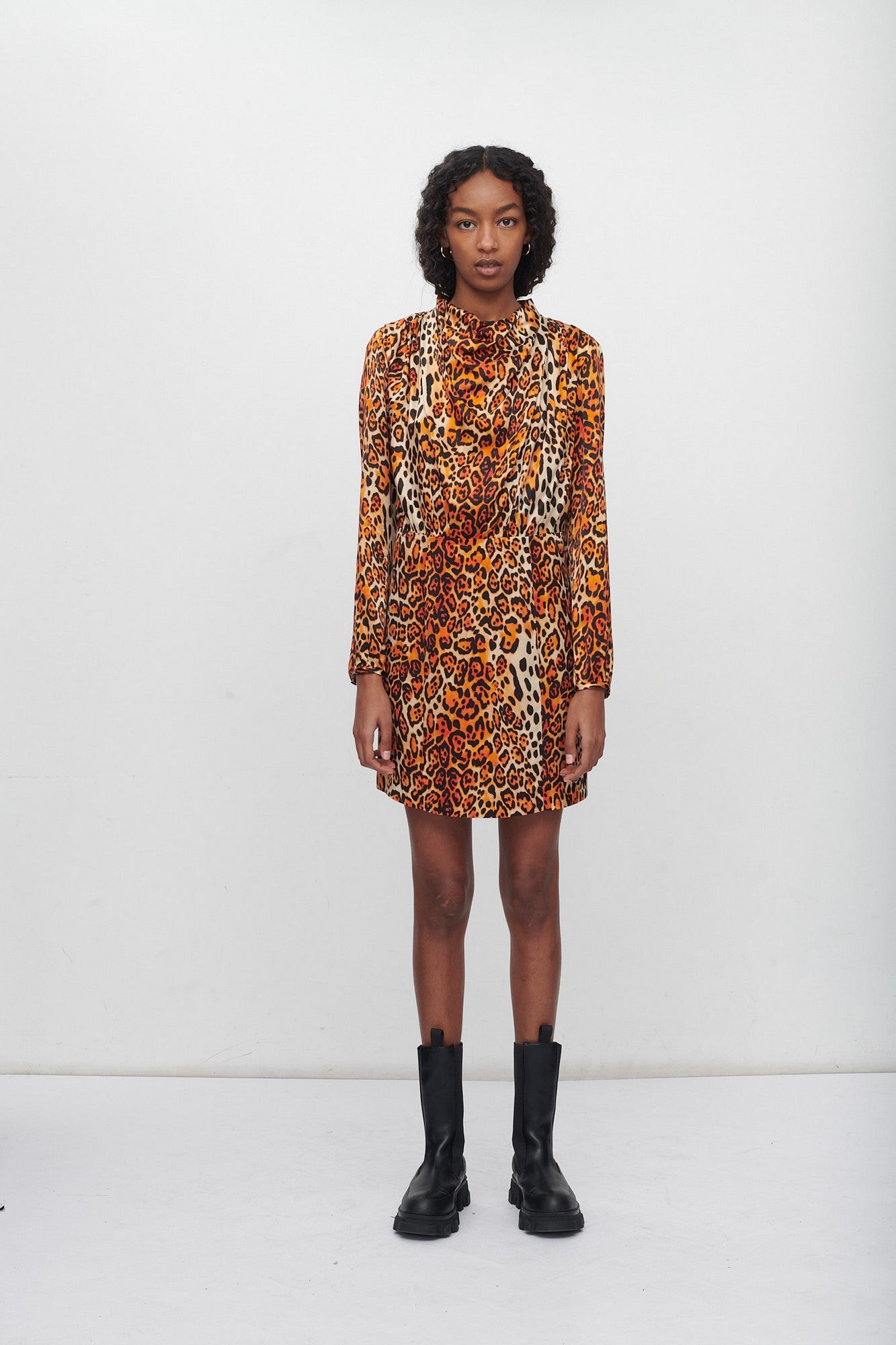 AVA LONG SLEEVE COWL NECK SHORT PRINTED DRESS