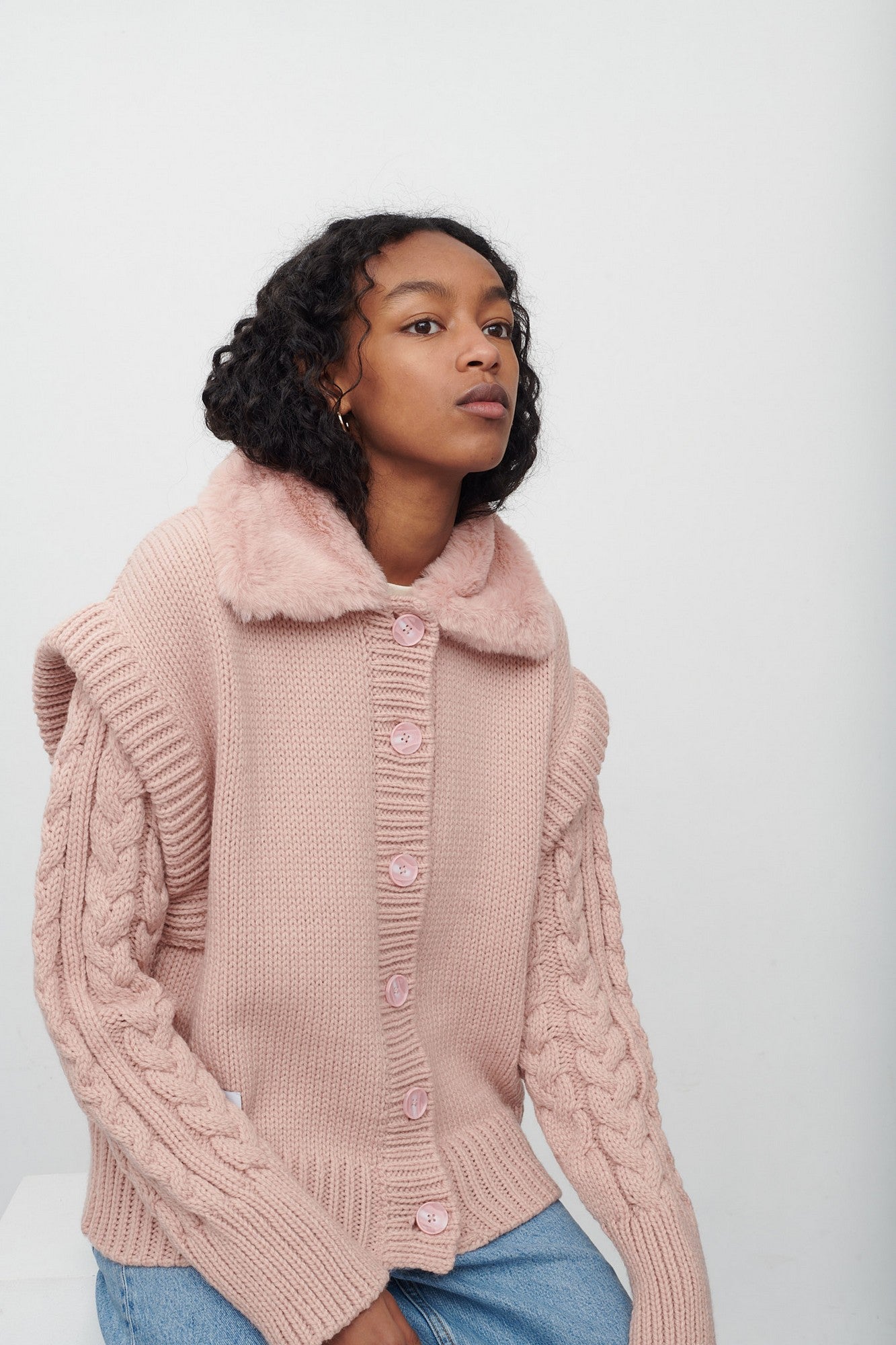 CARRIE KNITTED CARDIGAN WITH FAUX FUR COLLAR