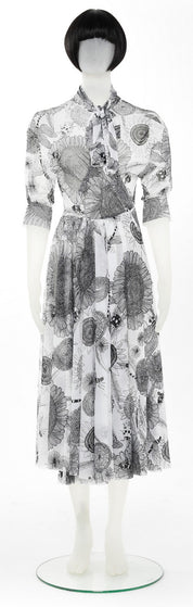 PUFF SLEEVE NK SHIRT FLARED DRESS W SCARF