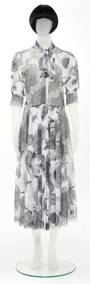 PUFF SLEEVE NK SHIRT FLARED DRESS W SCARF