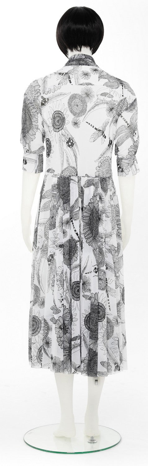 PUFF SLEEVE NK SHIRT FLARED DRESS W SCARF