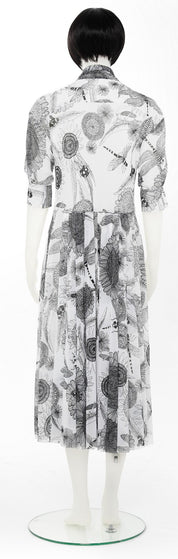 PUFF SLEEVE NK SHIRT FLARED DRESS W SCARF